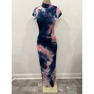 Tie-Dye Mock Neck Maxi Dress in Navy and Pink